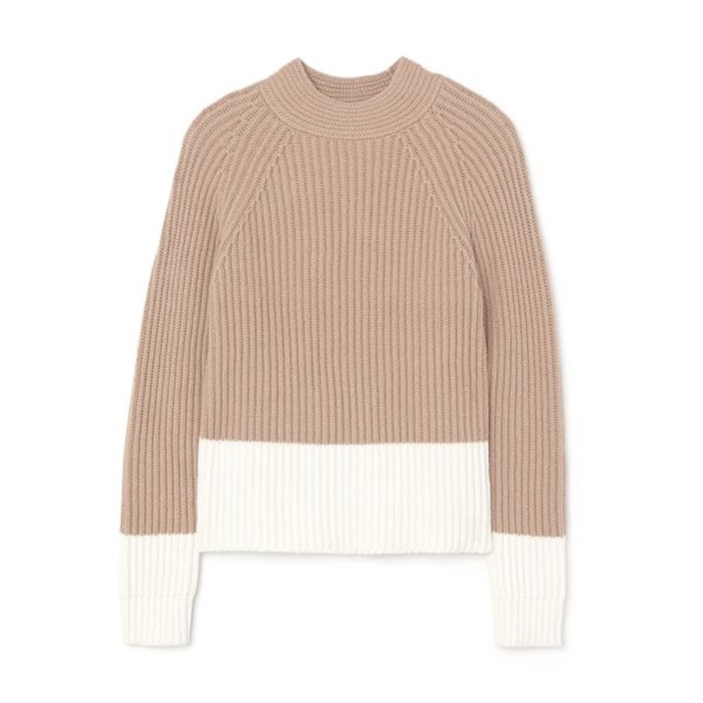 Banana Republic Wool Tan and Cream Block Mock Neck Sweater